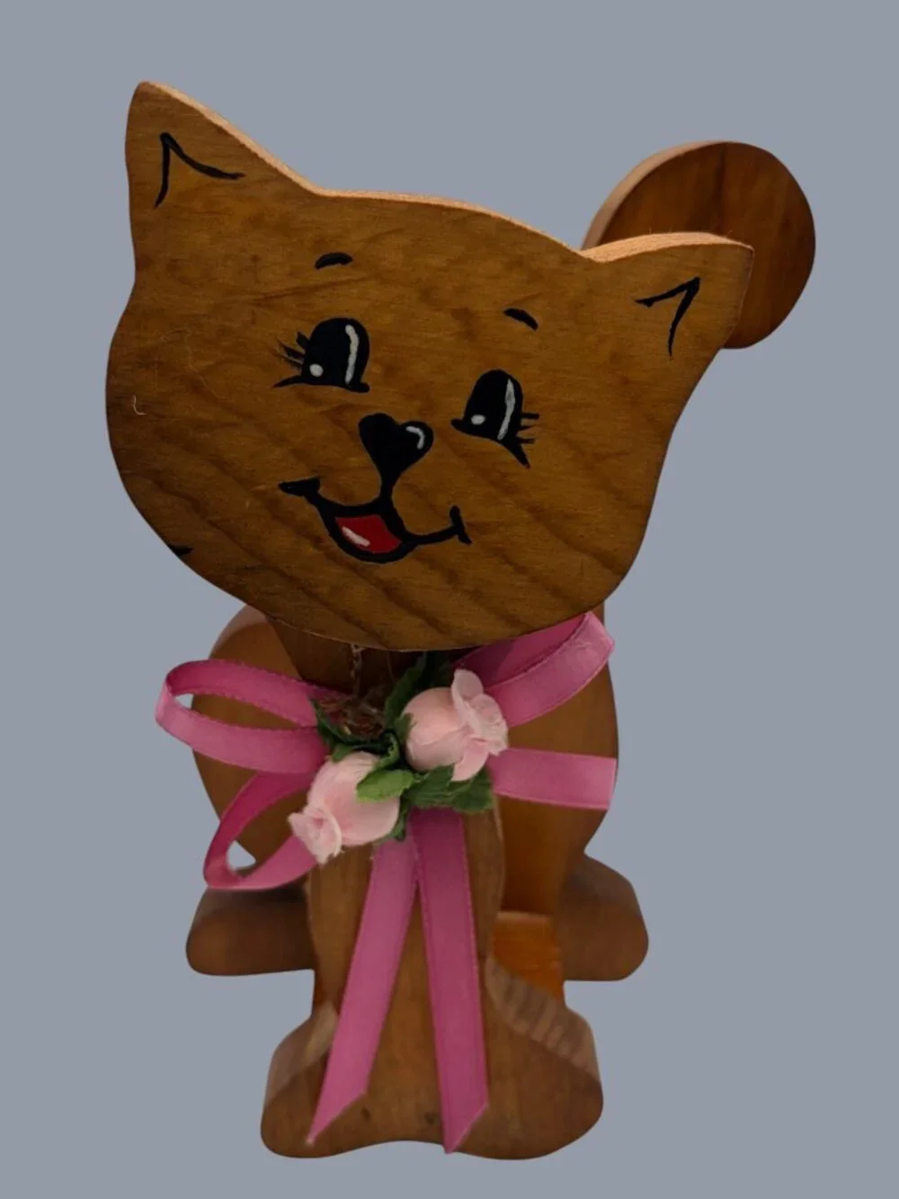 Vintage Hand Carved Wooden Cat Napkin Holder w/ Pink Ribbon Floral Accent